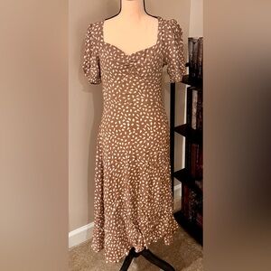 Petal & Pup Brown and White Midi Dress with Puff Sleeves